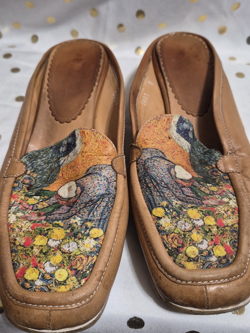 Vibram Tan Leather Slip-On Loafers with Multicolor Floral Art